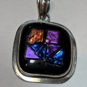 Dichroic Glass Pendant Sterling Silver Frame - Black, Purple & Blue